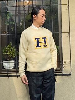 ウールアクリルベルベットスラブ Hレタードセーター / ナチュラル