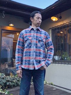 FICTION ROMANCE FANCY TWILL & DOUBLE WEAVE WORK SHIRT / ヘビーネルワークシャツ / ネルシャツ / チェックシャツ / NAVY (128)