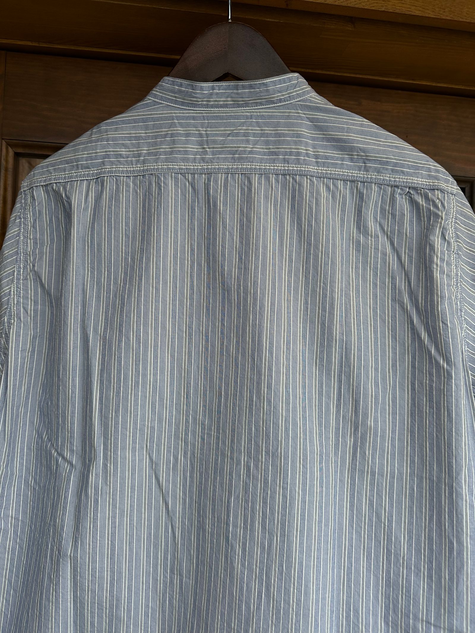 F3488 / STRIPE BAND COLLAR SHIRT / ストライプ バンドカラーシャツ / サックス
