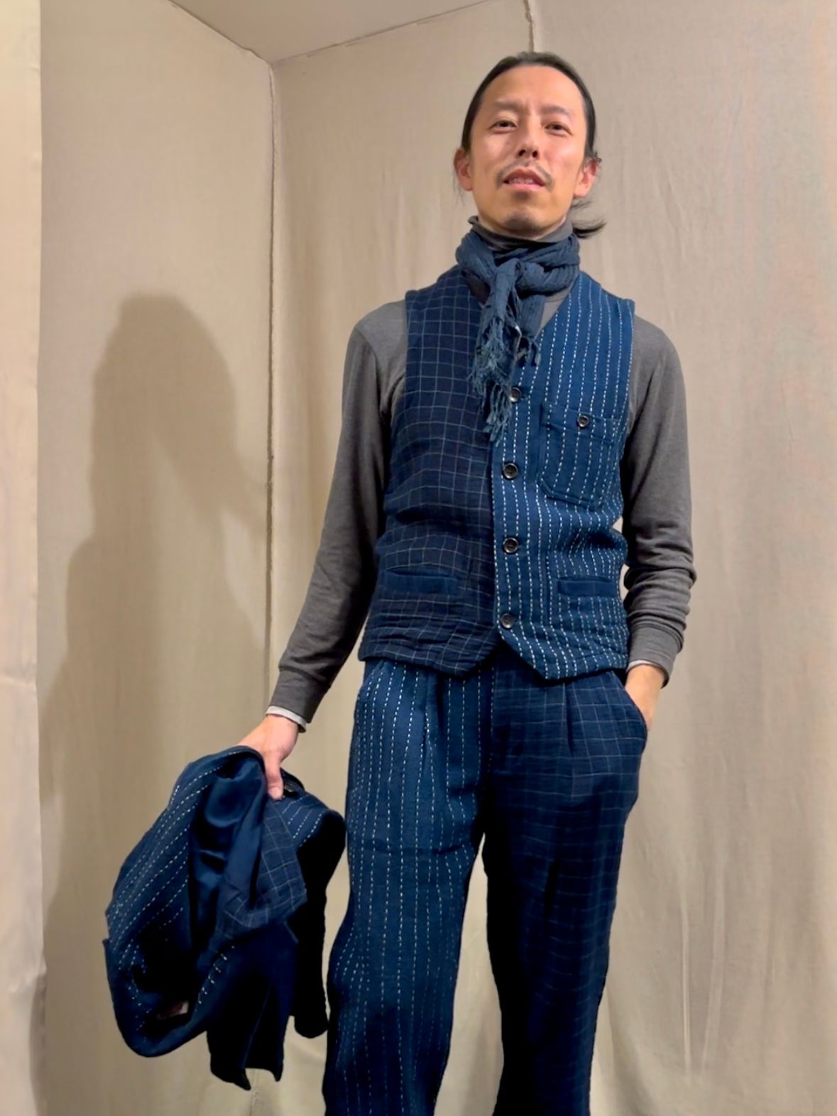 【LUCKY “福”SALE】INDIGO Wガーゼステッチワーク 3ピースセット(ジャケット×ベスト×パンツ)Mサイズ