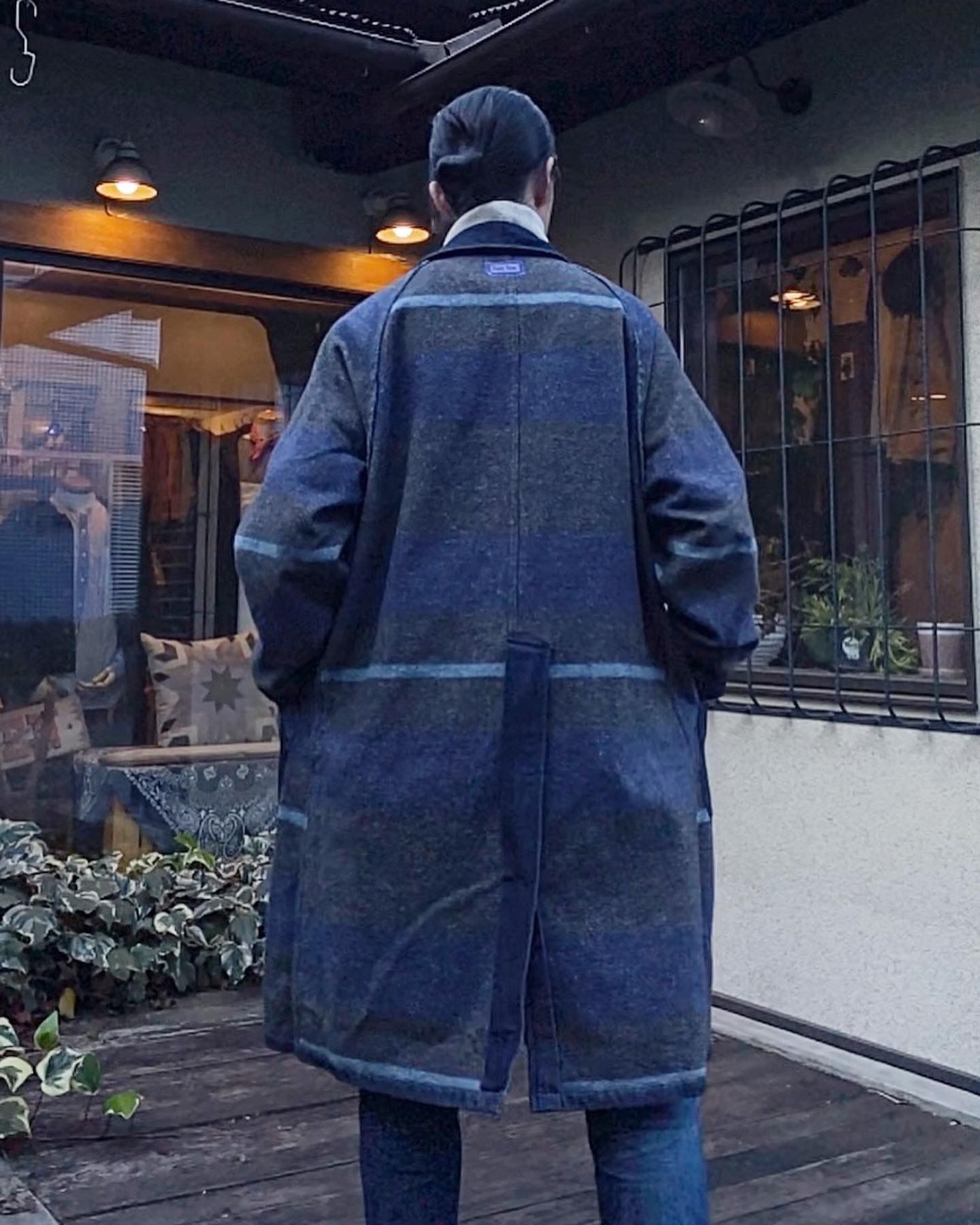 NAVYボーダーブランケットデニム バルマカーンコート