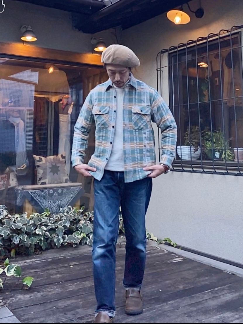 FICTION ROMANCE FANCY TWILL & DOUBLE WEAVE WORK SHIRT / ヘビーネルワークシャツ / ネルシャツ / チェックシャツ / GREEN (145)