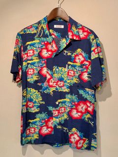 ハイビスカスフラガールプリントレーヨンハワイアンシャツ / ネイビー