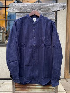 F3485 C/W STRIPE BANDCOLLAR / C/W ストライプ バンドカラー シャツ / NAVY