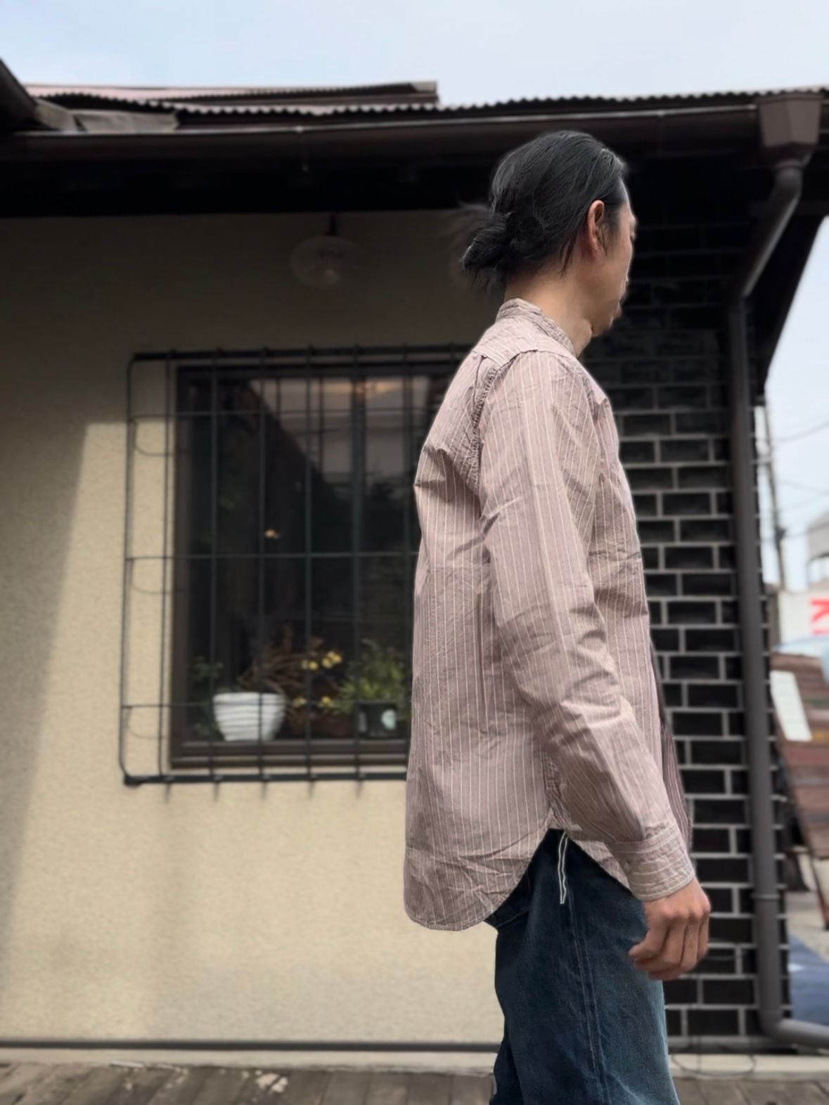 F3488 / STRIPE BAND COLLAR SHIRT / ストライプ バンドカラーシャツ / ブラウン