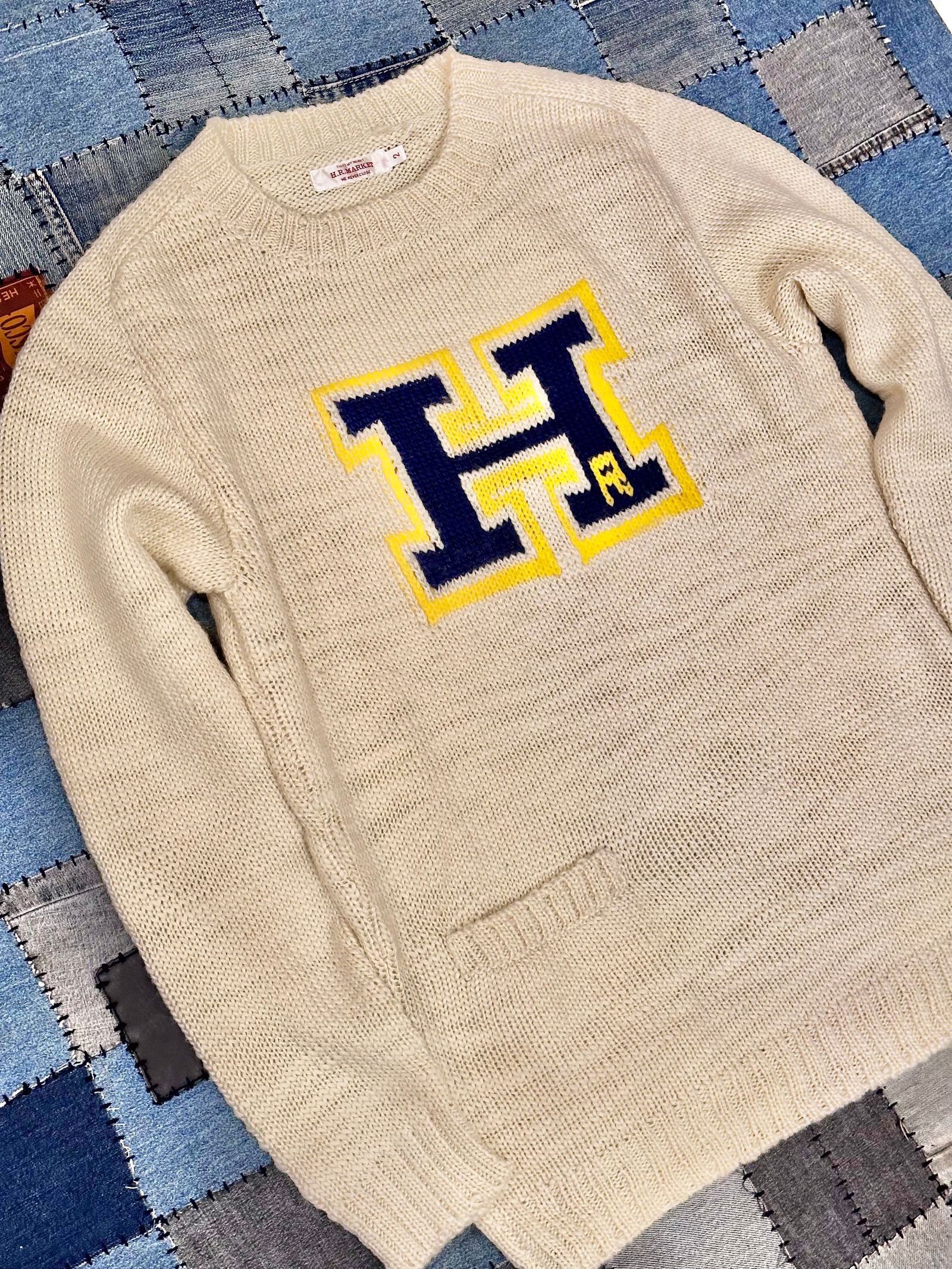 ウールアクリルベルベットスラブ Hレタードセーター / ナチュラル