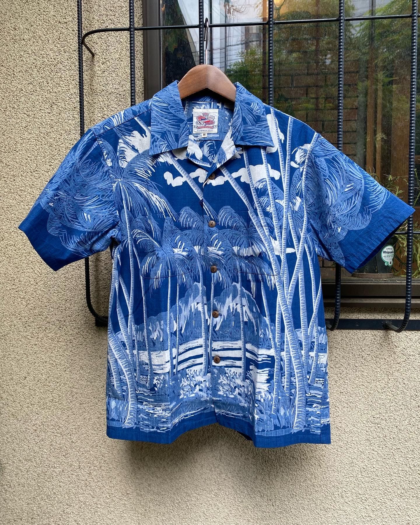 INDIGO COTTON HAWAIIAN SHIRT “COCONUT PALM & DIAMONDHEAD / NAVY(128)
