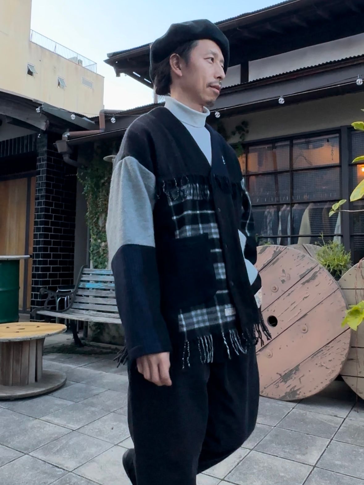 EDGE CARDIGAN / カシミヤマフラーリメイクカーディガン / ブラック②