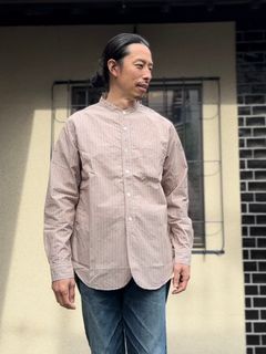 F3488 / STRIPE BAND COLLAR SHIRT / ストライプ バンドカラーシャツ / ブラウン