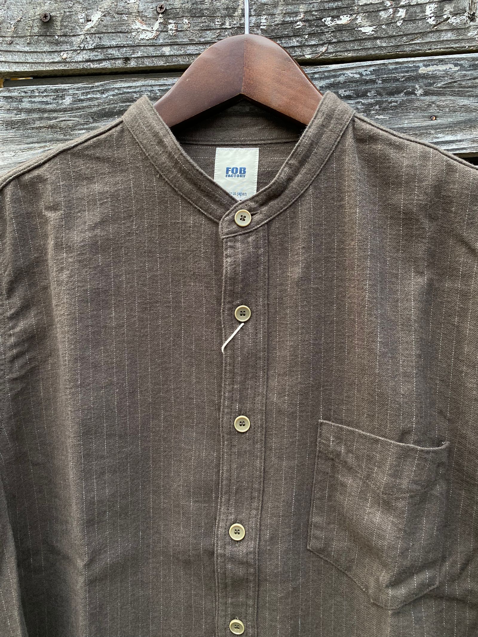 F3485 / C/W STRIPE BANDCOLLAR / C/W ストライプ バンドカラー シャツ /  OLIVE