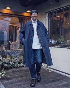 NAVYボーダーブランケットデニム バルマカーンコート