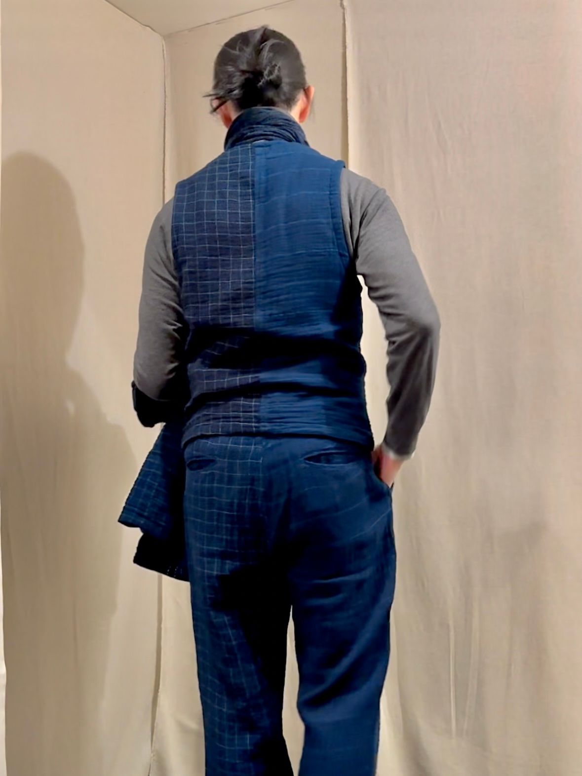 【LUCKY “福”SALE】INDIGO Wガーゼステッチワーク 3ピースセット(ジャケット×ベスト×パンツ)Mサイズ