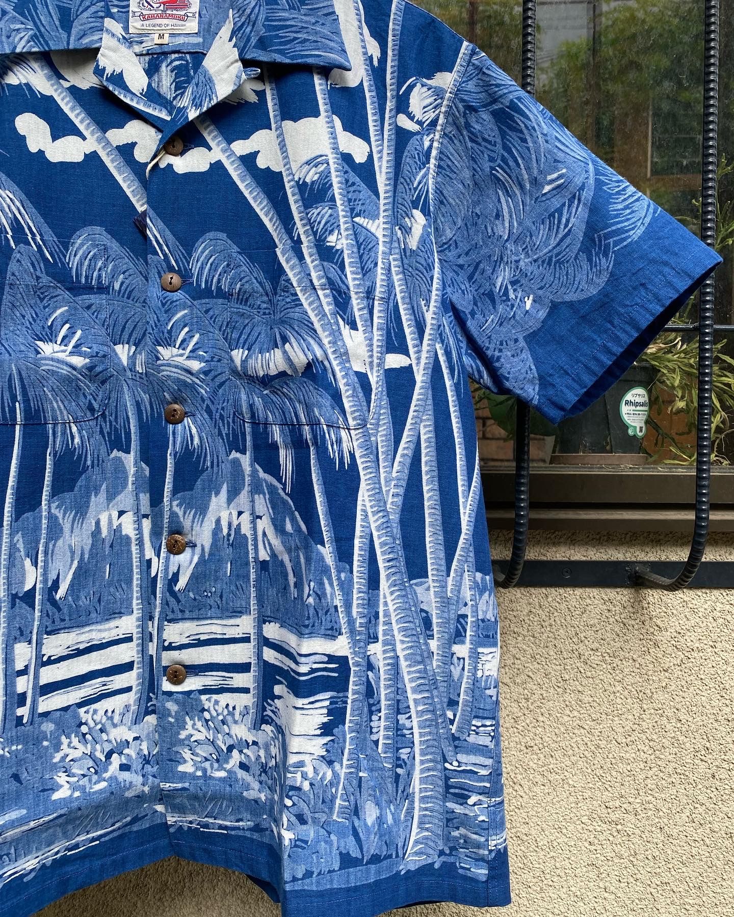 INDIGO COTTON HAWAIIAN SHIRT “COCONUT PALM & DIAMONDHEAD / NAVY(128)