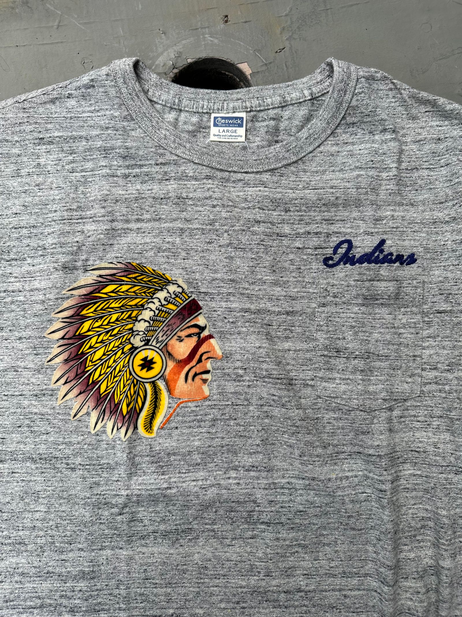 Cheswick / チェスウィック / インディアンヘッド カラーフロッキープリントTシャツ /ヘザーグレー