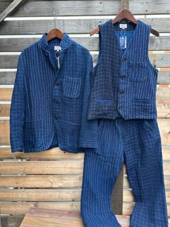 【LUCKY “福”SALE】INDIGO Wガーゼステッチワーク 3ピースセット(ジャケット×ベスト×パンツ)Mサイズ