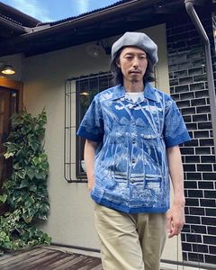 INDIGO COTTON HAWAIIAN SHIRT “COCONUT PALM & DIAMONDHEAD / NAVY(128)