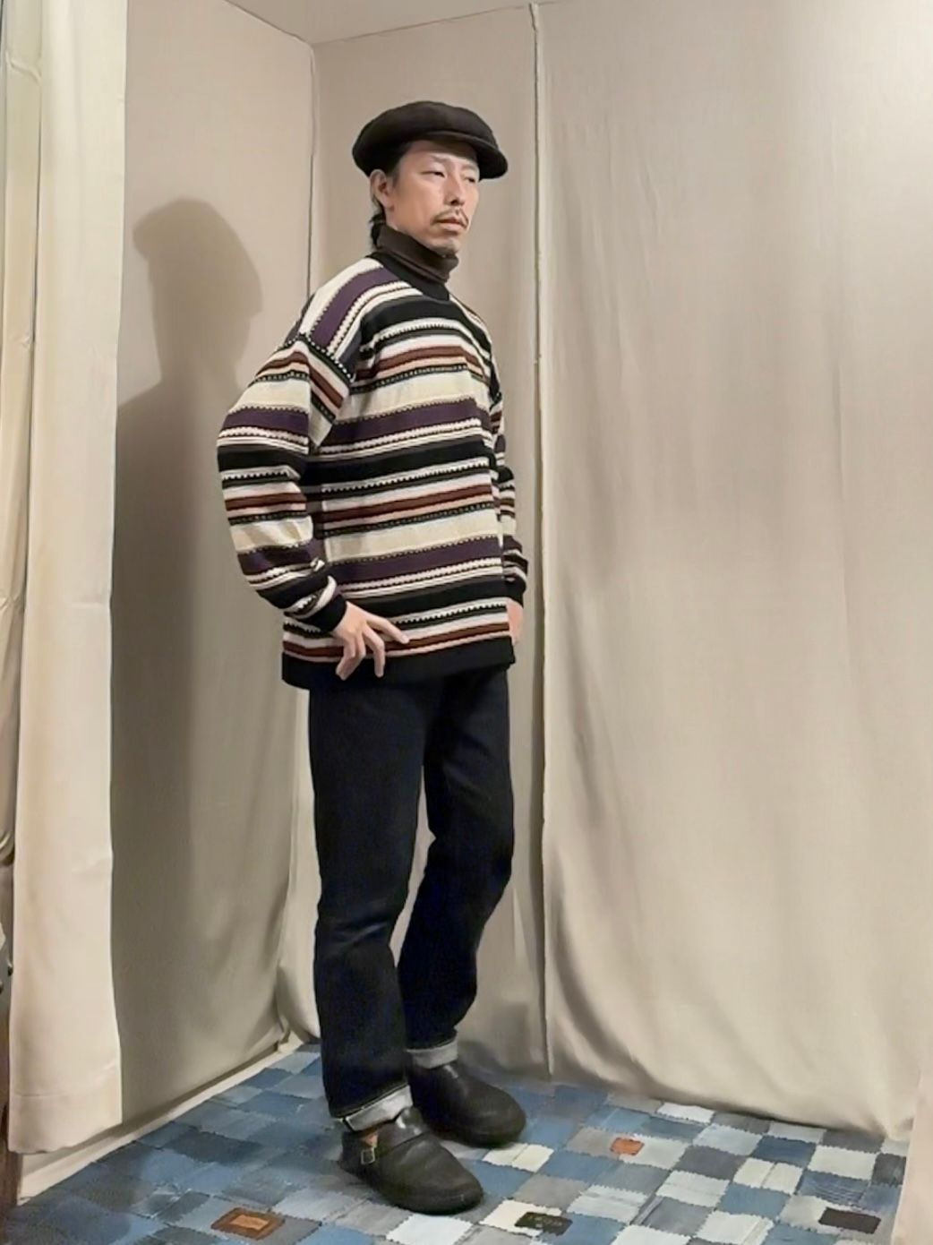 90's BORDER KNIT / ベージュ( パープル系 )