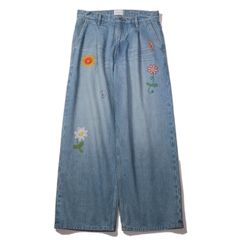 Embroidered wide selvedge jeans （Light indigo）