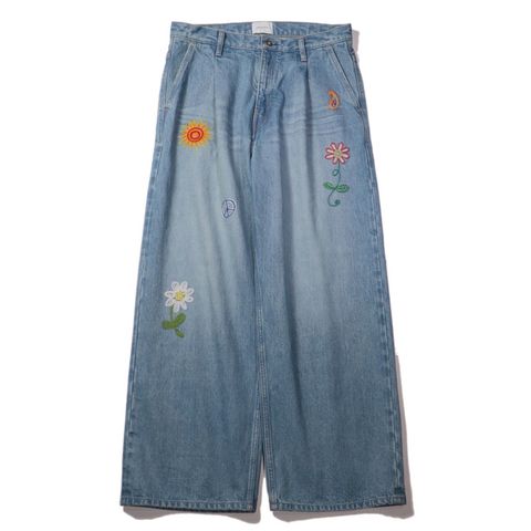 Embroidered wide selvedge jeans （Light indigo）