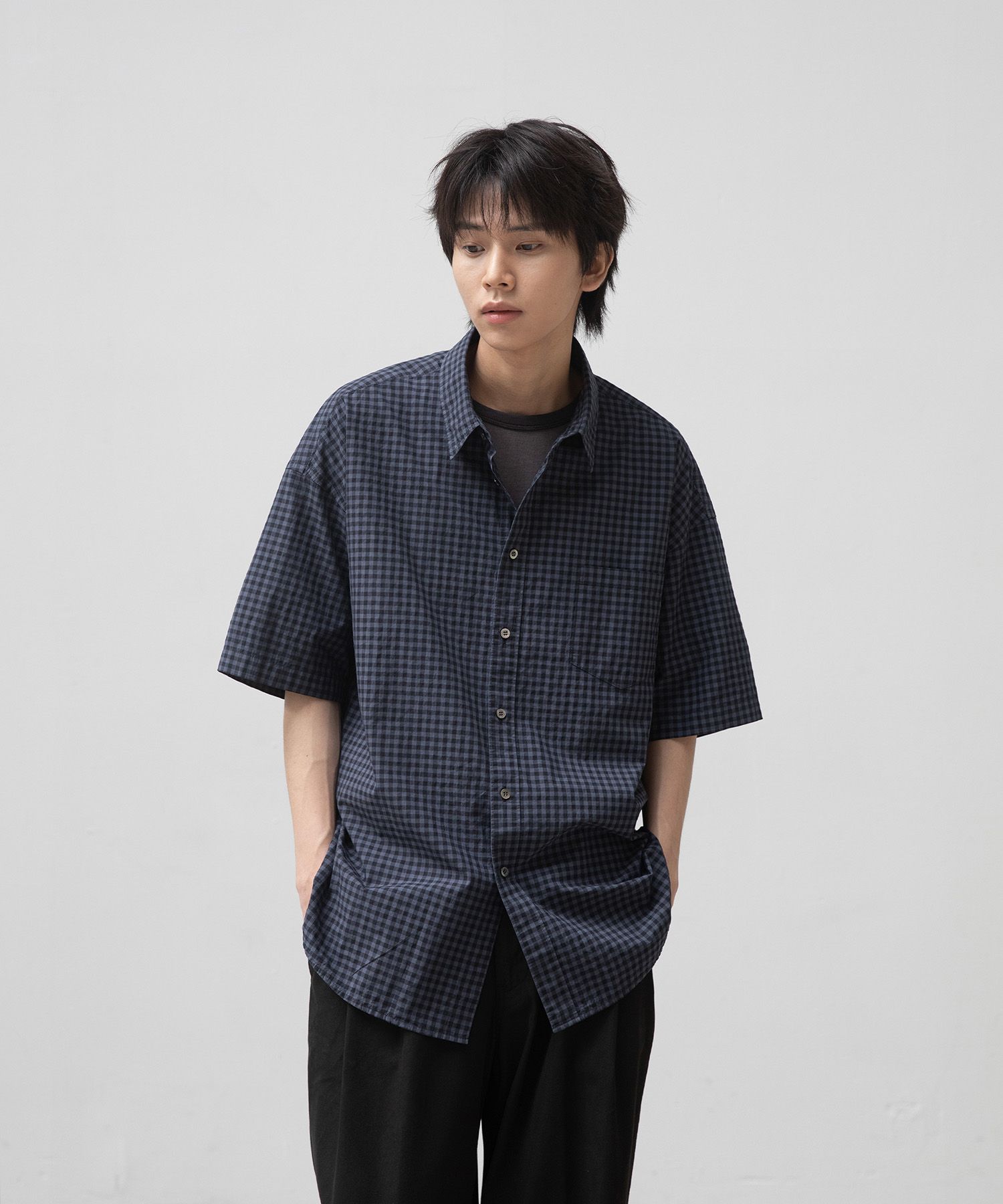 Huge Gingham Check Shirt（DUSTY INDIGO）