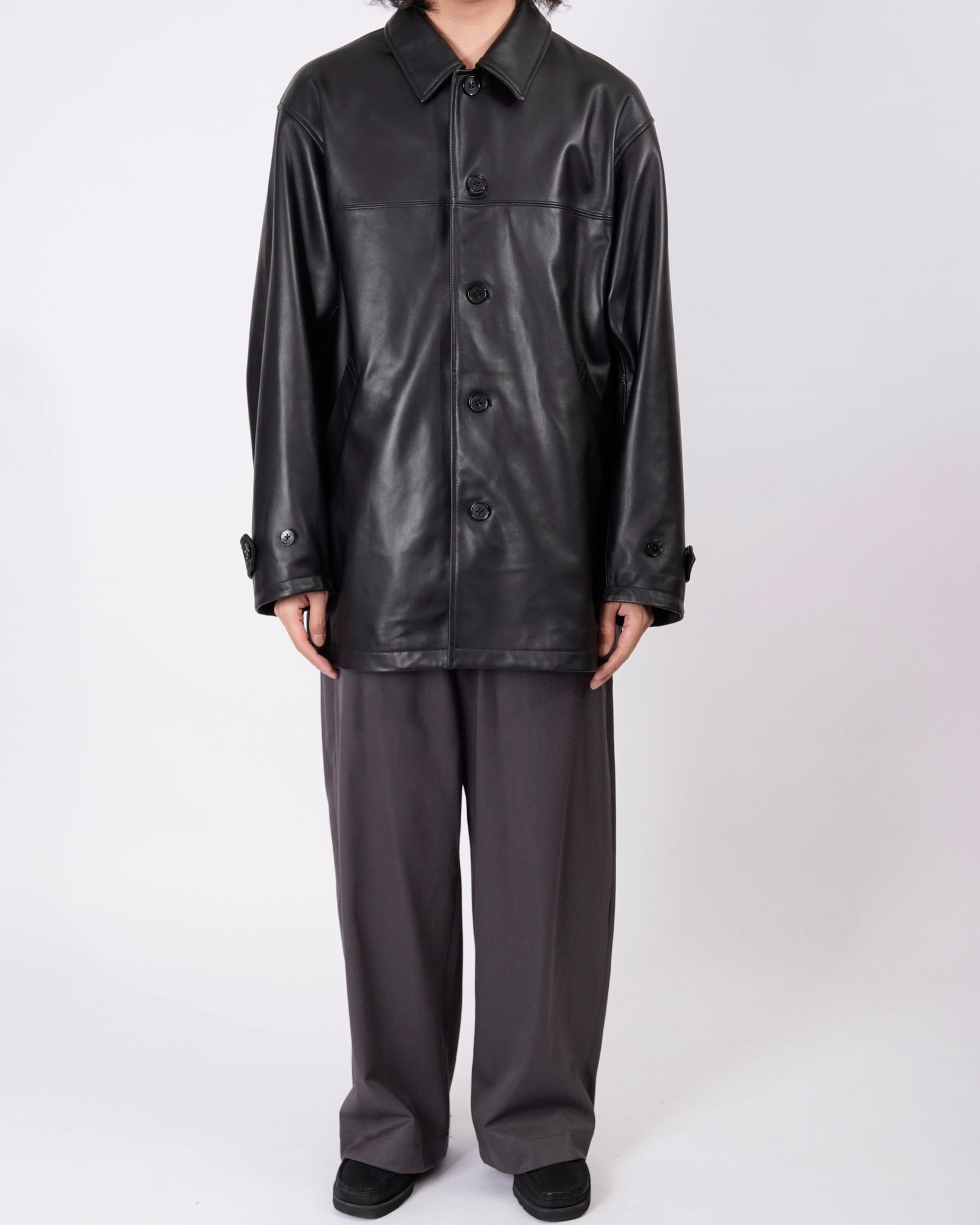 LEATHER CAR COAT （BLACK）