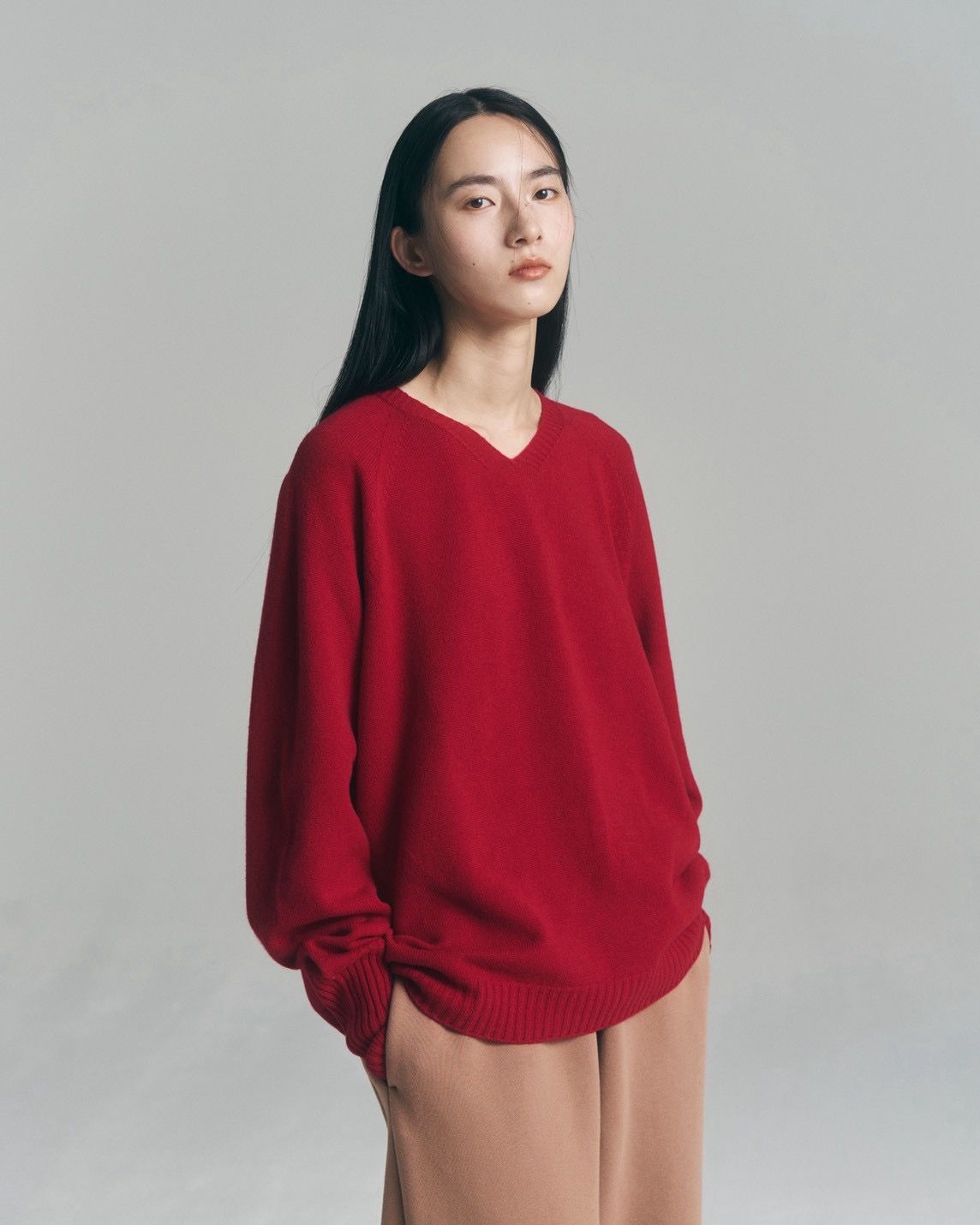 Whole Garment V-Neck – Super Fine Merino（RED）
