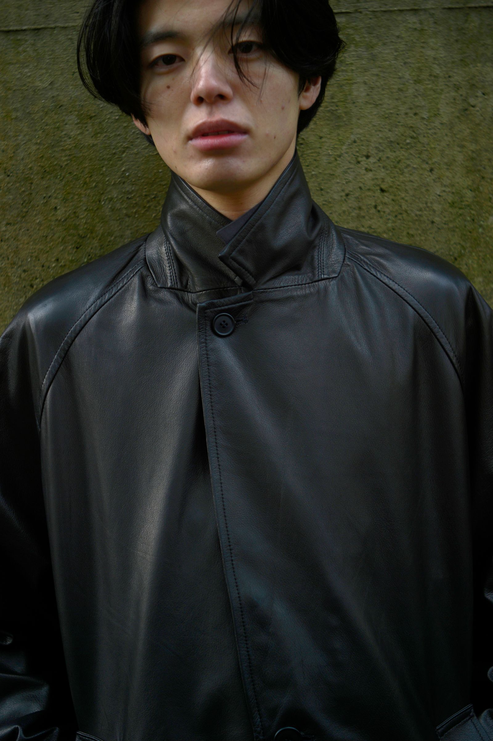 LEATHER OVERSIZE RAGLAN JACKET（BLACK）