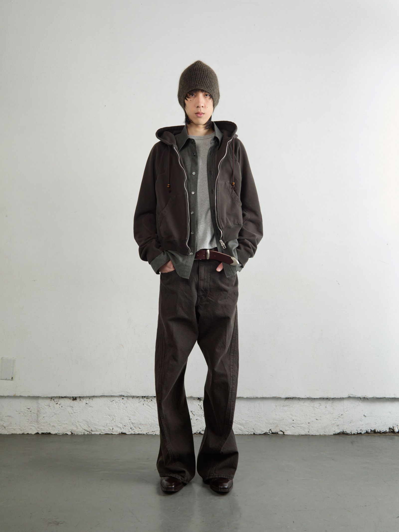 PANELLED ZIP UP HOODIE（BROWN）