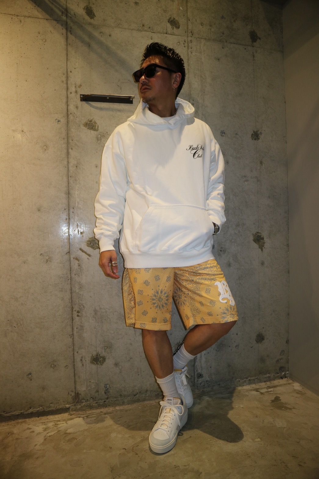 OVERPRINTED BASKET SHORTS/CROCHET YELLOW
