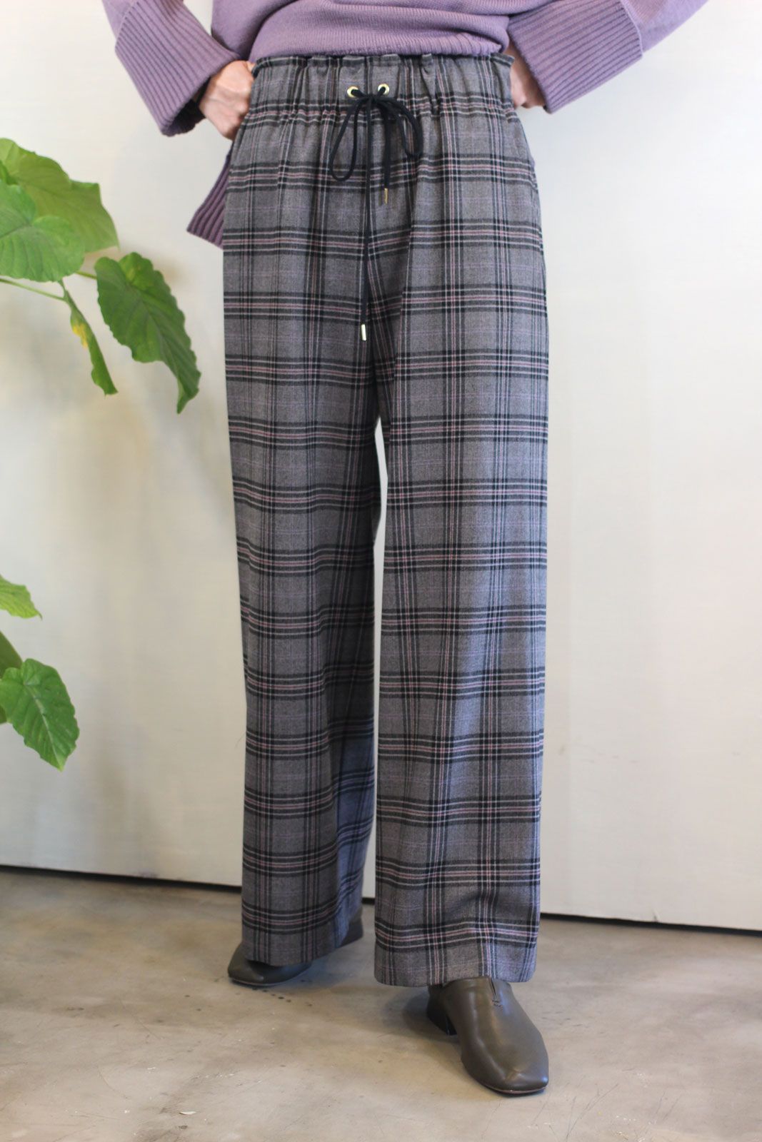 ストレッチチェックワイドパンツ グレーチェック