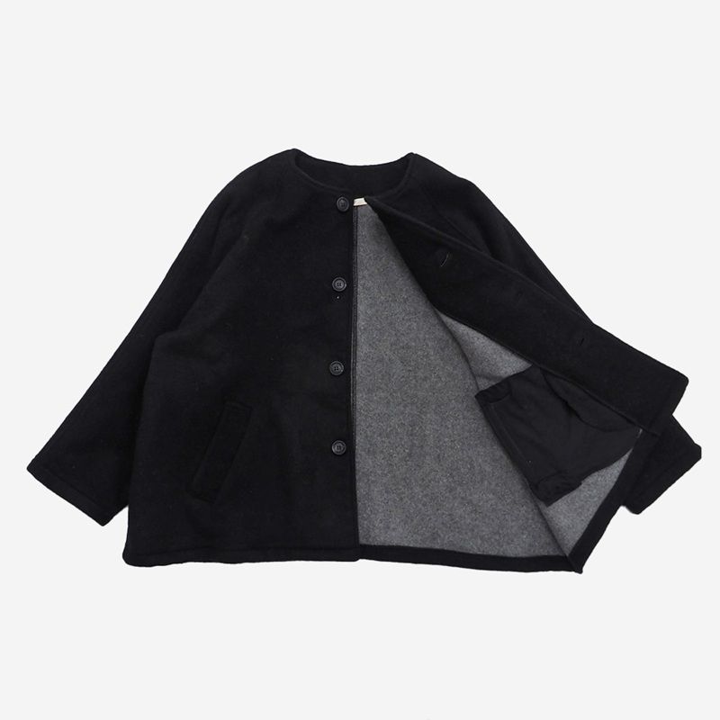 ダブルフェイスメルトンラグランコート ブラックxグレー