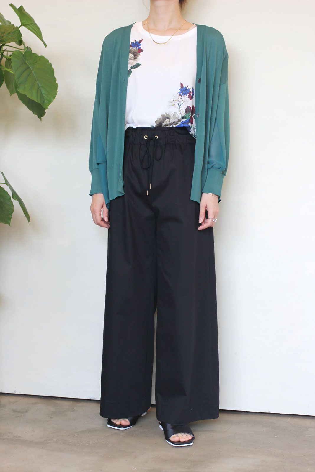 綿麻ツイルストレッチワイドパンツ ブラック