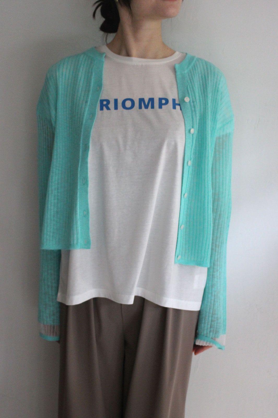 接触冷感シアーニット フレアスリーブカーデ ターコイズ