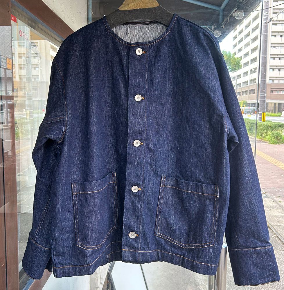 12ozムラデニムノーカラージャケット オレンジステッチ