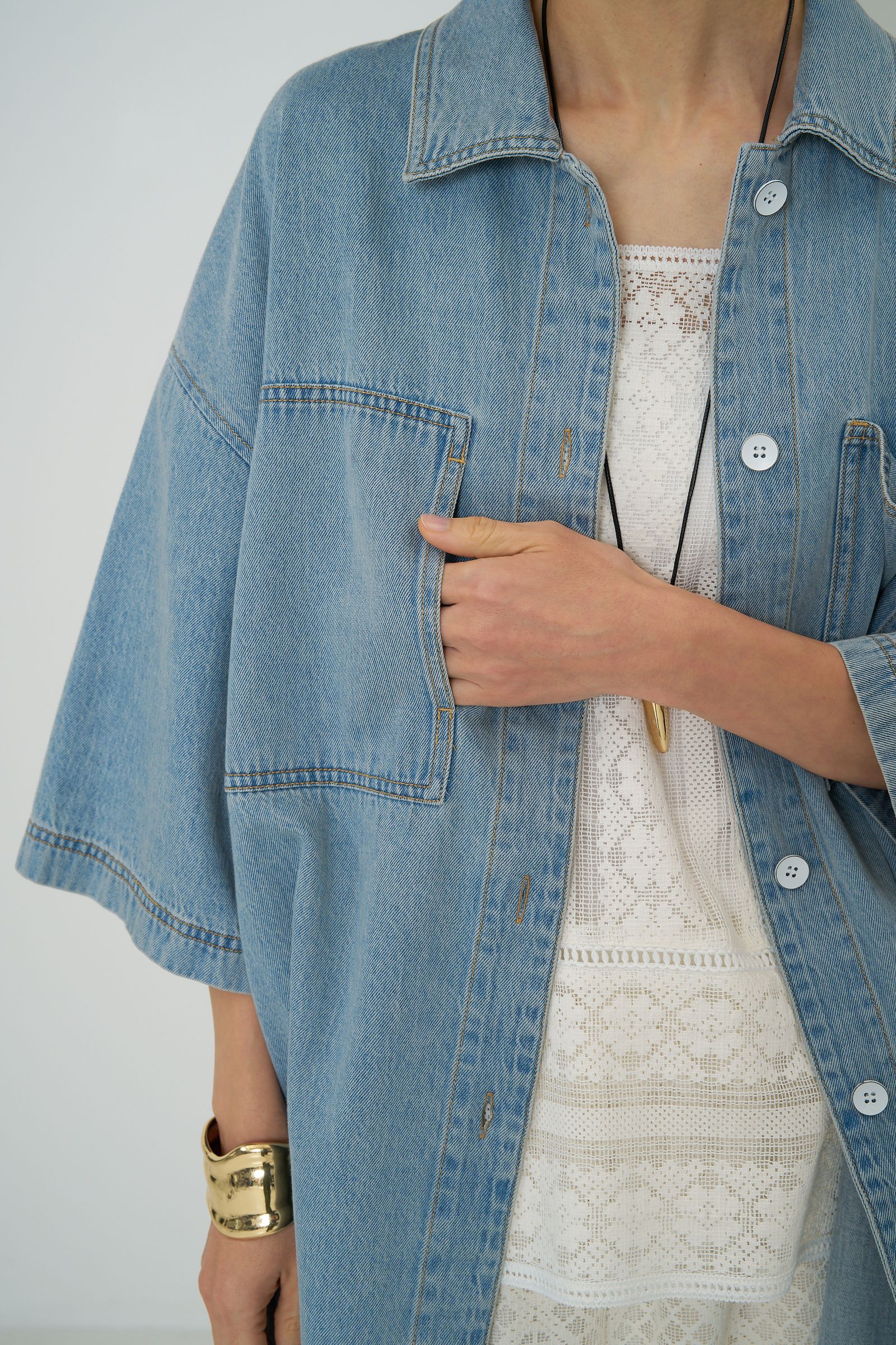 [4861-041BT] ハーフスリーブデニムJK ライトブルー