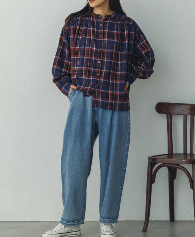 ネルチェックギャザーシャツ レッド系