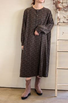 花柄コーデュロイワンピース グリーンxピンク