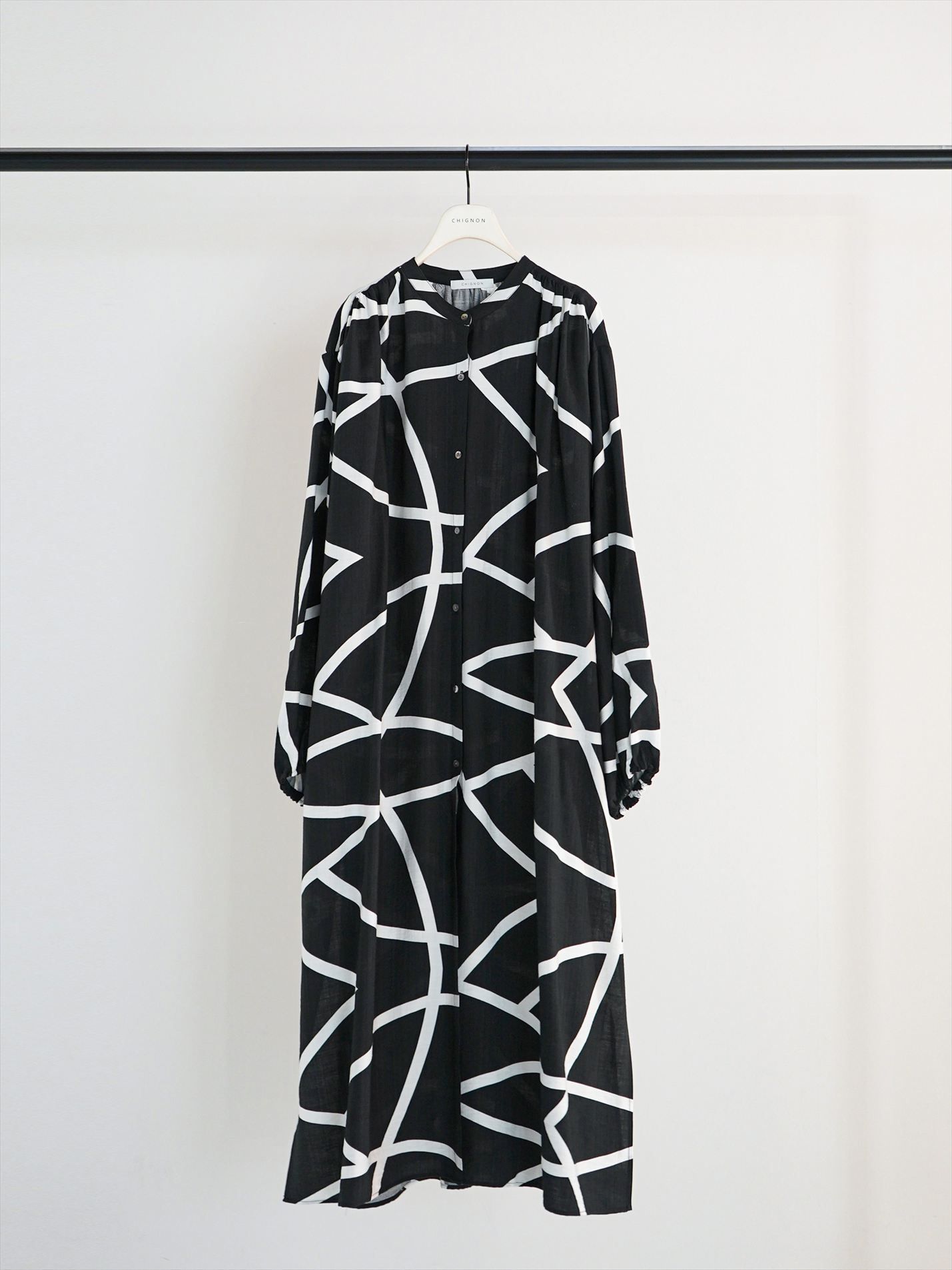 [5961-019KK] ラインプリントシャツOP ブラック