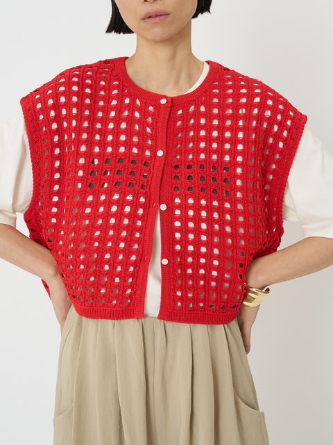 [9561-098DP] メッシュボックスニットベスト レッド