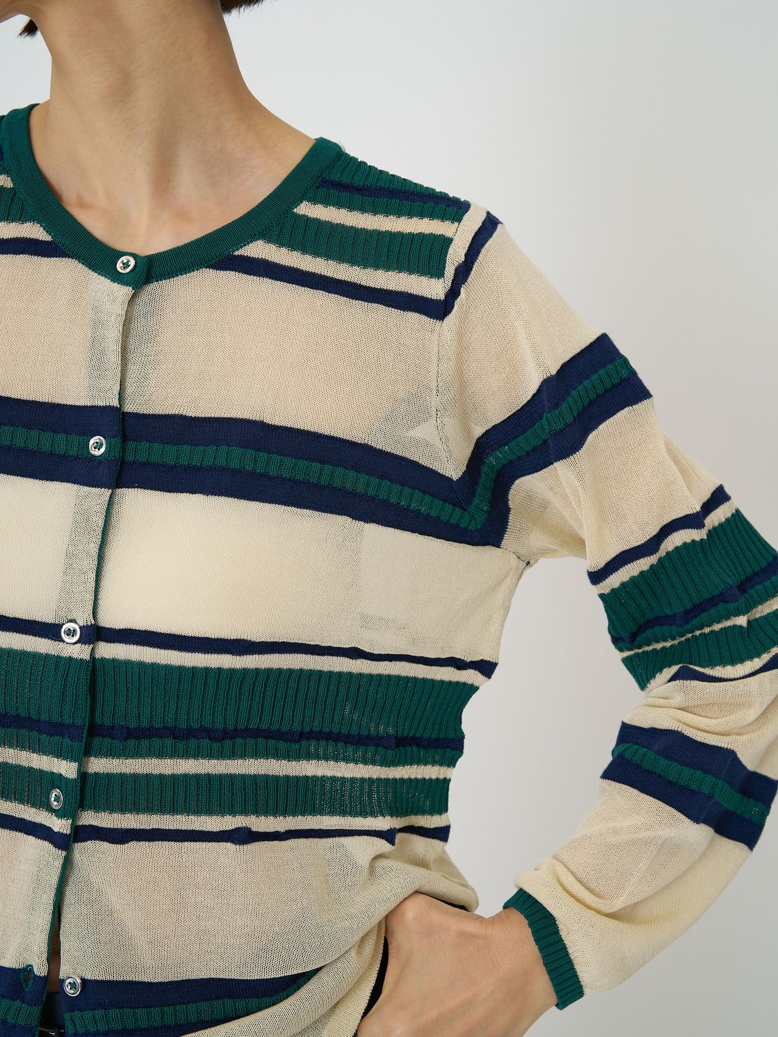 [9561-090GS] マルチボーダーカーディガン チャコール