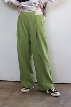 綾二重ストレッチワイドパンツ グリーンxベージュ