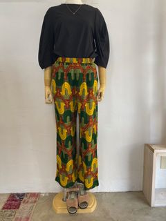 レーヨン フレックス スラブ プリントストレートパンツ グリーン