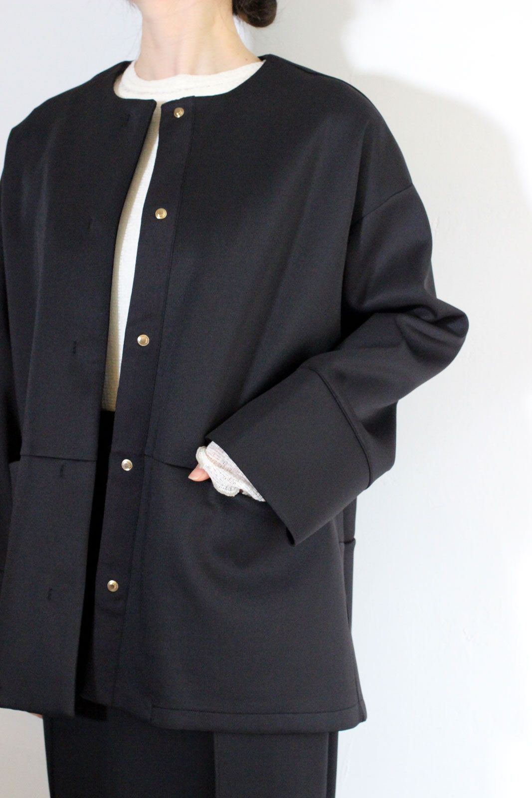 ダンボールニット ノーカラーコート ブラック