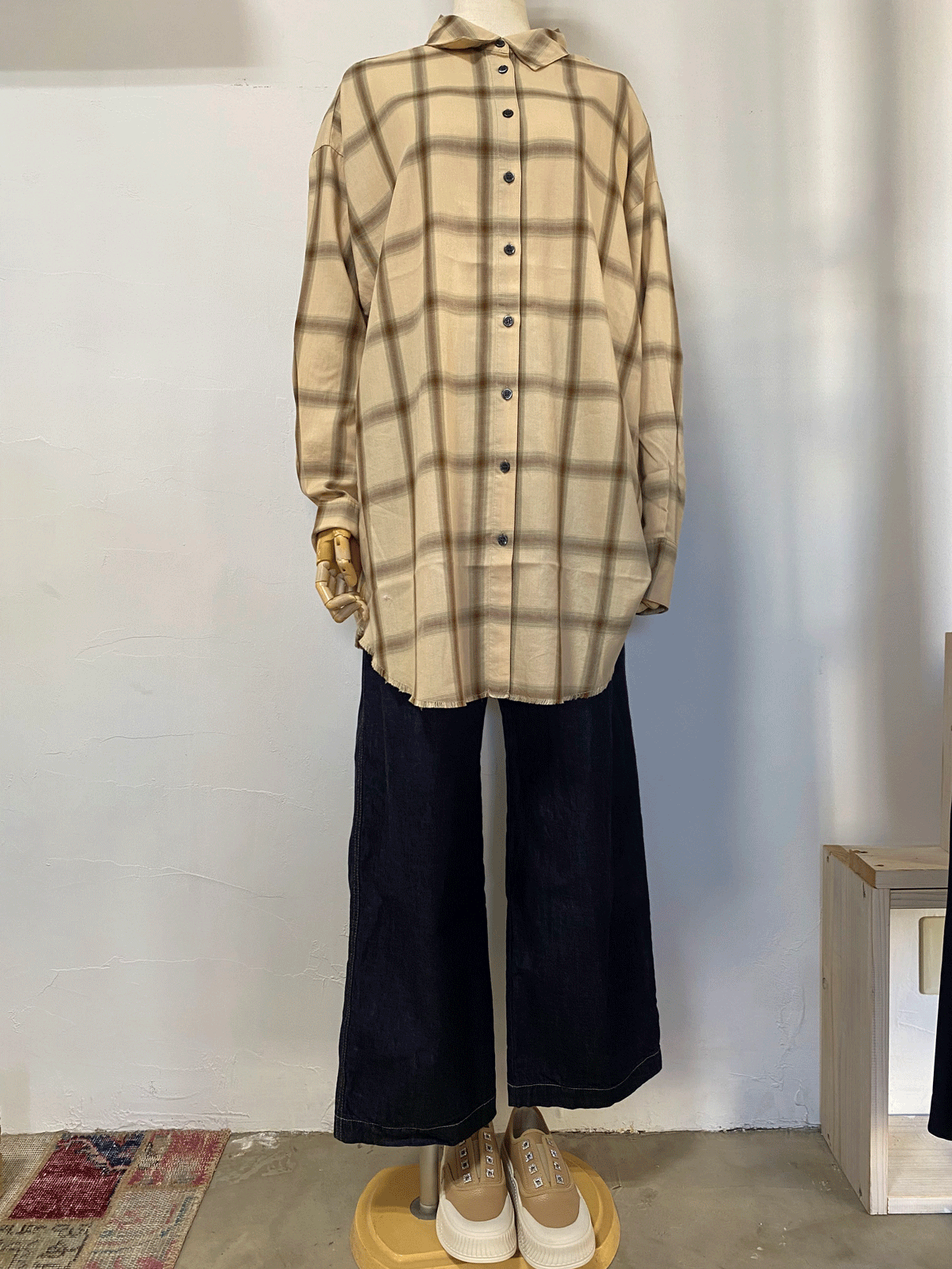 先染め チェックオーバーシャツ  ベージュ