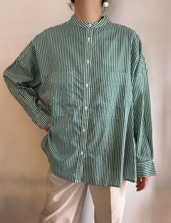 キャンブリックボイル ストライプ バンドカラーシャツ グリーン