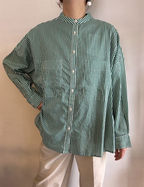 キャンブリックボイル ストライプ バンドカラーシャツ グリーン