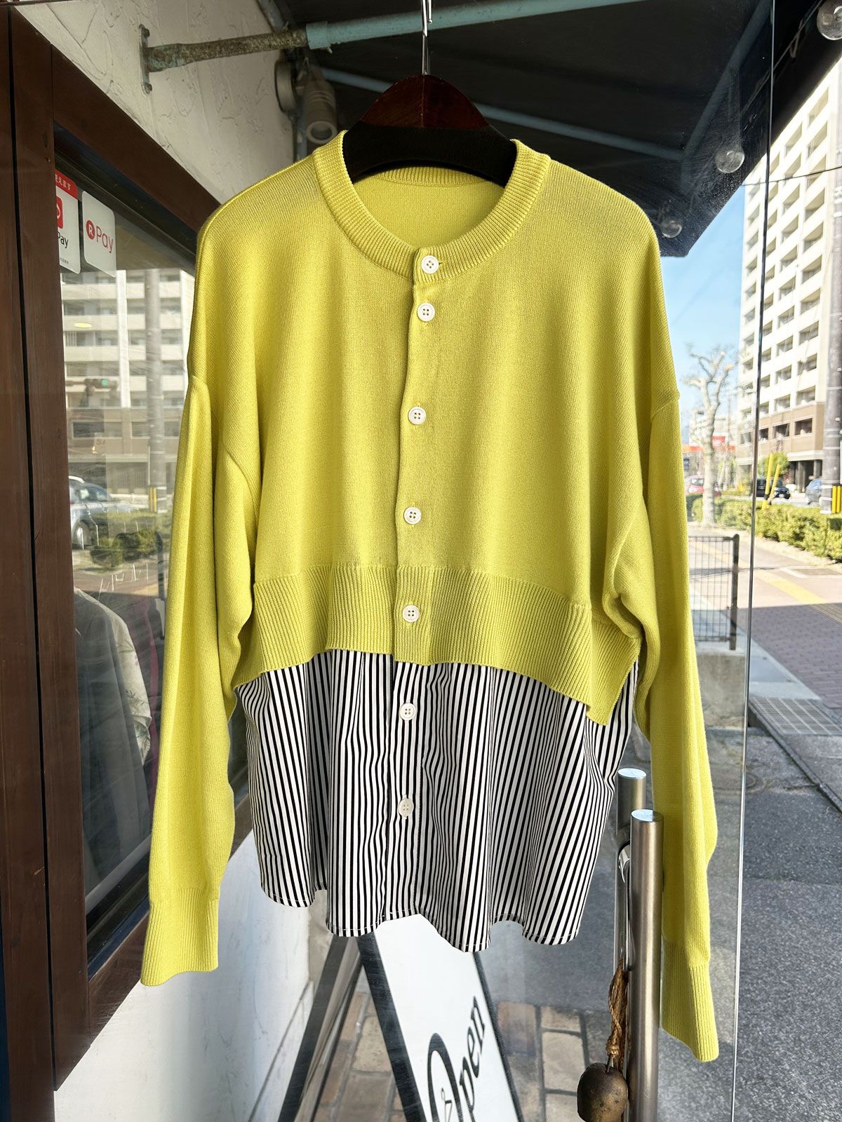 綿レーヨンシルク コンビネーションカーディガン イエローグリーンxブラックストライプ