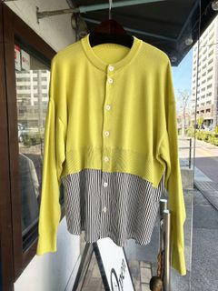 綿レーヨンシルク コンビネーションカーディガン イエローグリーンxブラックストライプ
