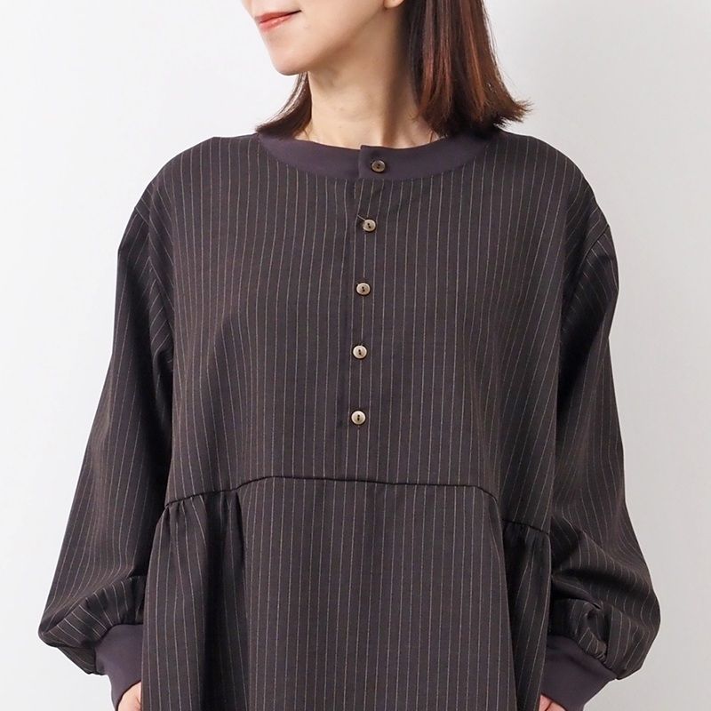 トロストライプ ロングスリーブ ベルワンピース ブラウン