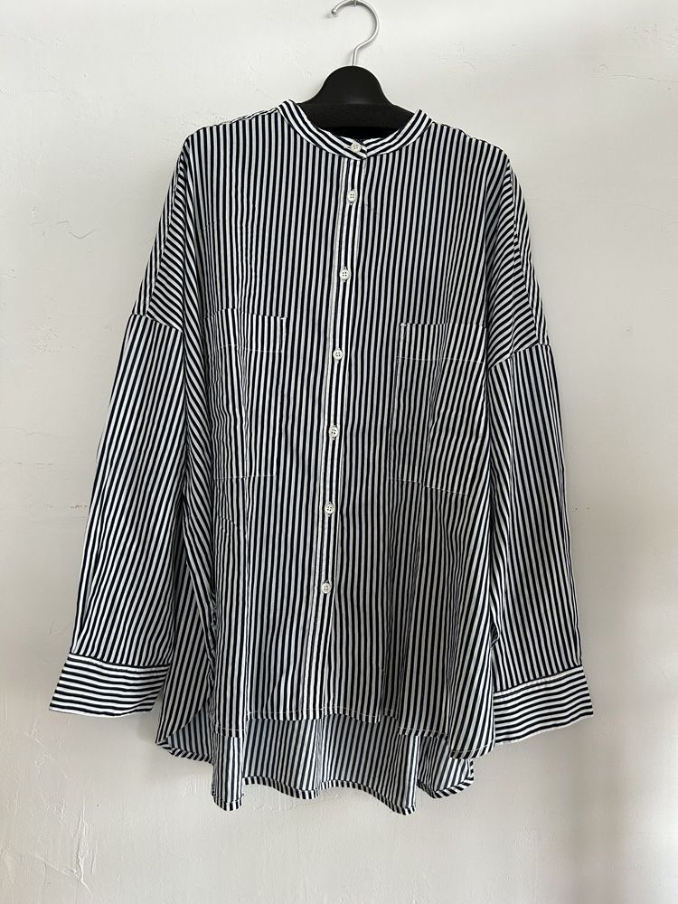 キャンブリックボイル ストライプ バンドカラーシャツ ブルー